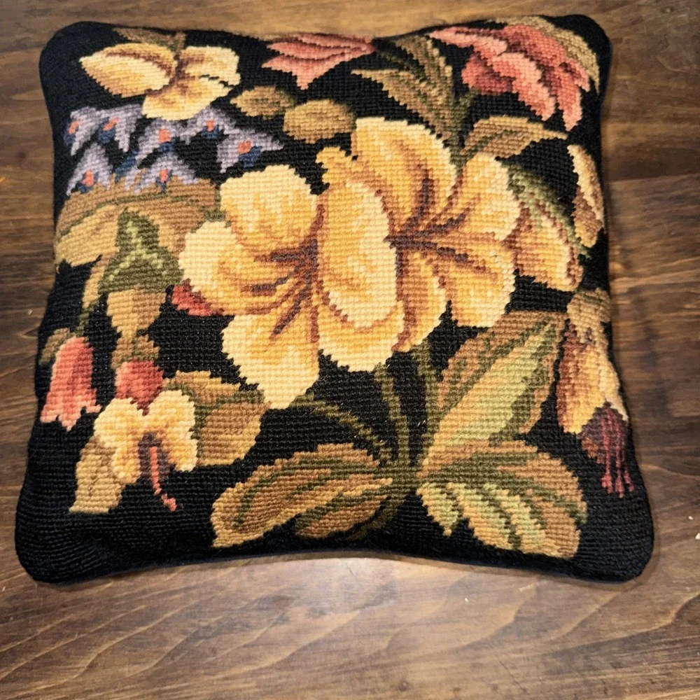 Vintage Floral Wool Black Needlepoint Throw Pillow Cottage Decor 11